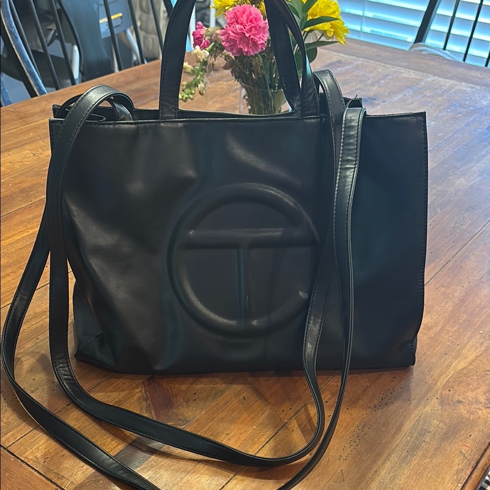 Telfar Black Leather Tote Bag with Structured Design